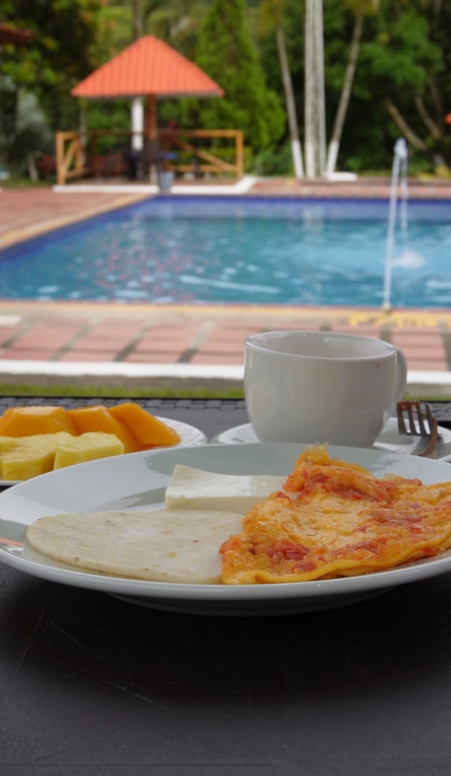 Desayuno servido frente a la piscina